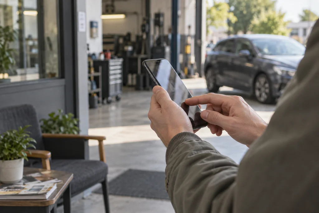 Symbolbild: Eine Person teilt ihre Werkstatterfahrung am Smartphone.